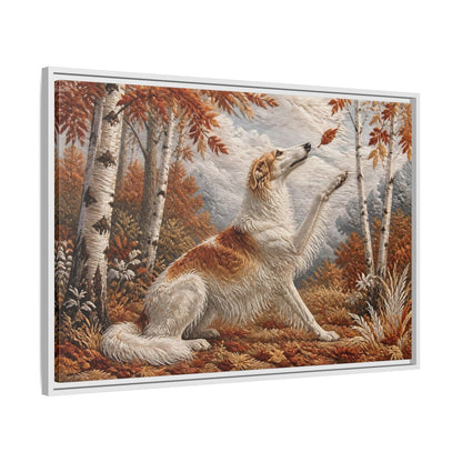 Side Mockup 9. Autumn Dog In Birchwood shown as framed canvas print