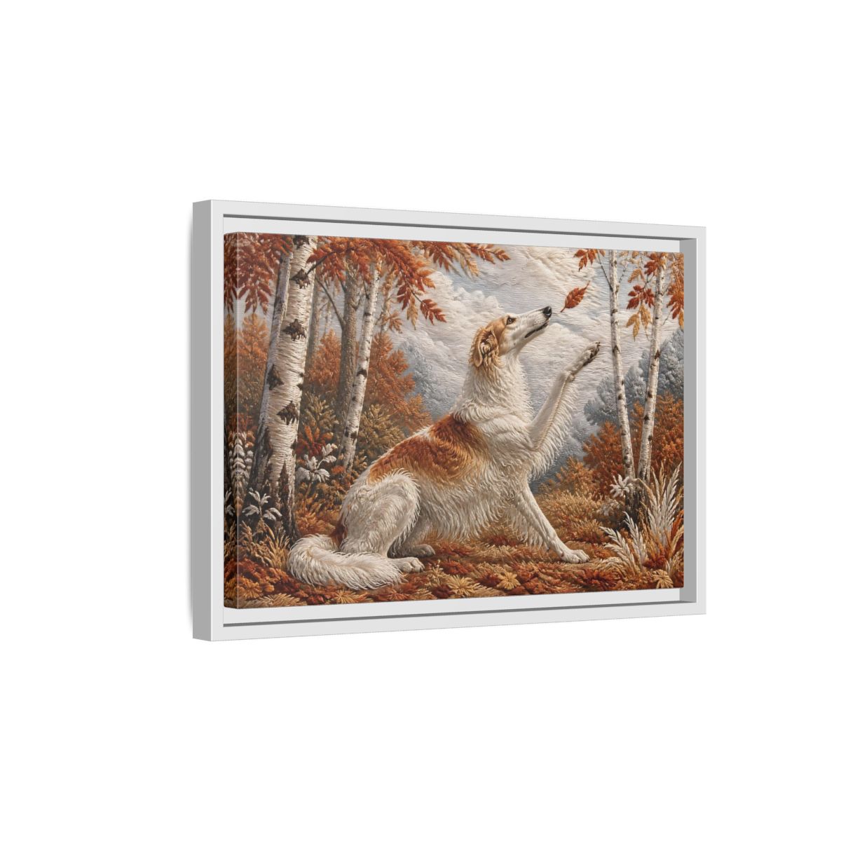 Side Mockup 4. Autumn Dog In Birchwood shown as framed canvas print