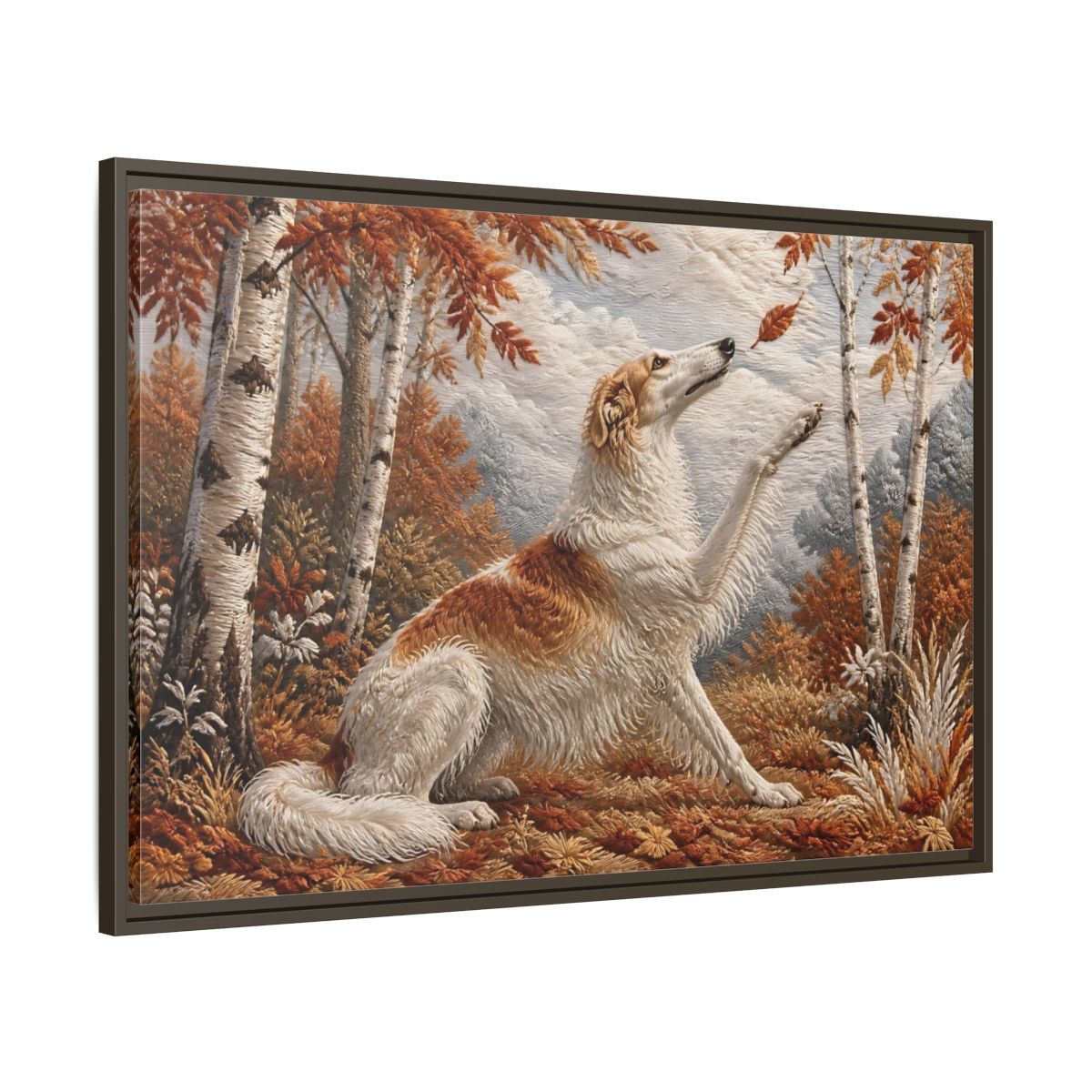 Main Mockup. Autumn Dog In Birchwood shown as framed canvas print