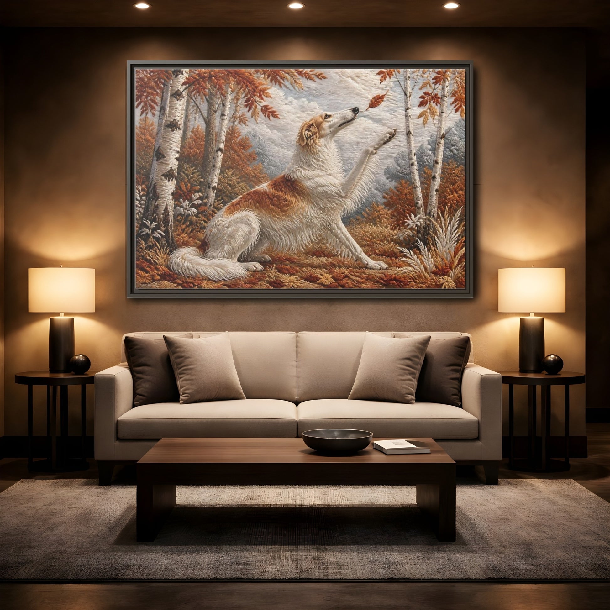 Mockup 2. Autumn Dog In Birchwood shown as framed canvas print