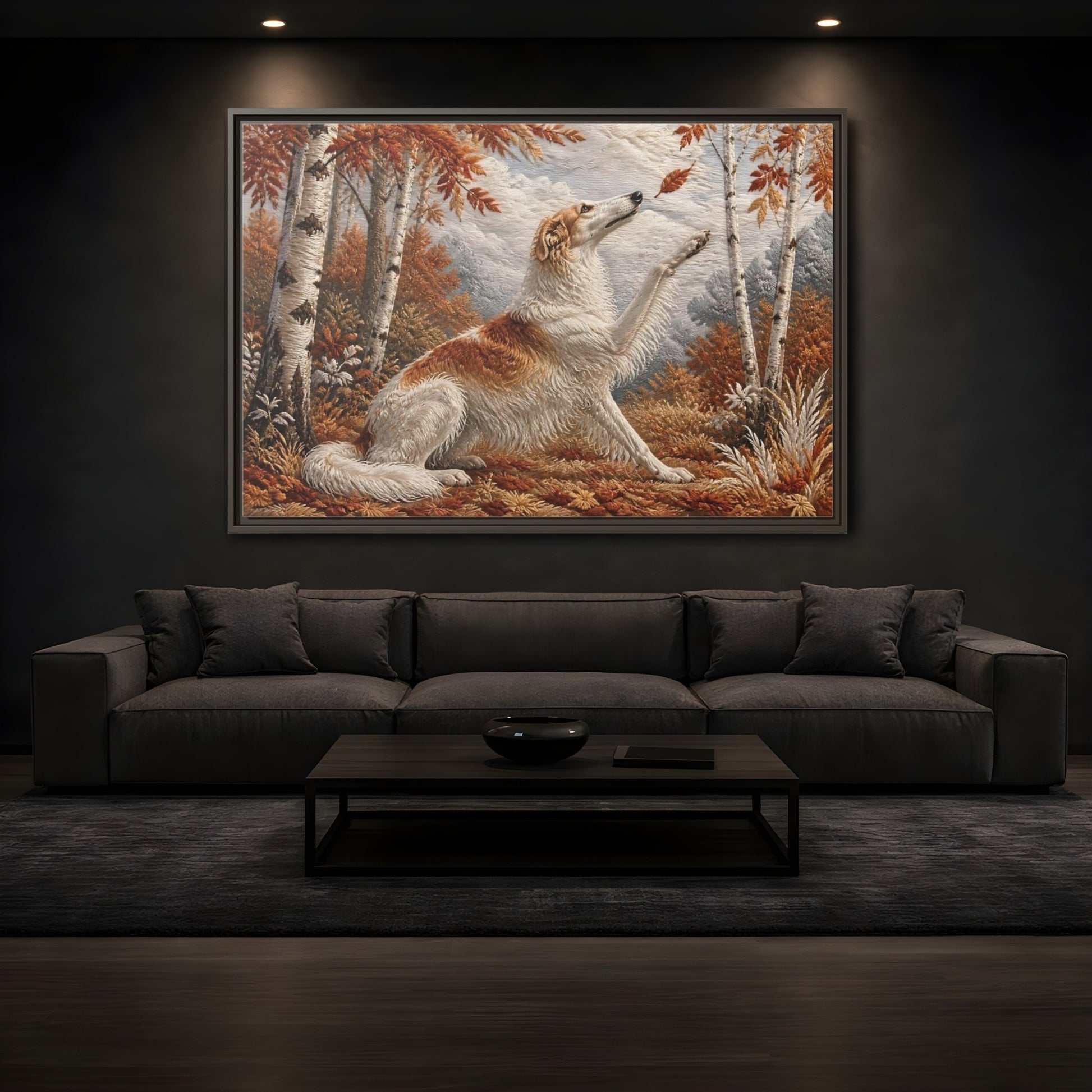 Mockup 3. Autumn Dog In Birchwood shown as framed canvas print