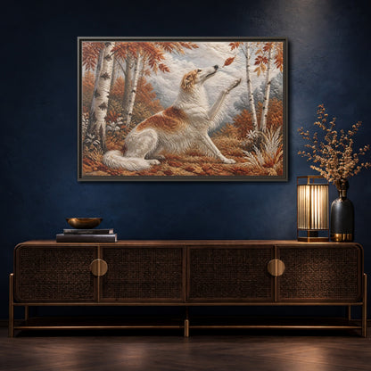 Mockup 4. Autumn Dog In Birchwood shown as framed canvas print