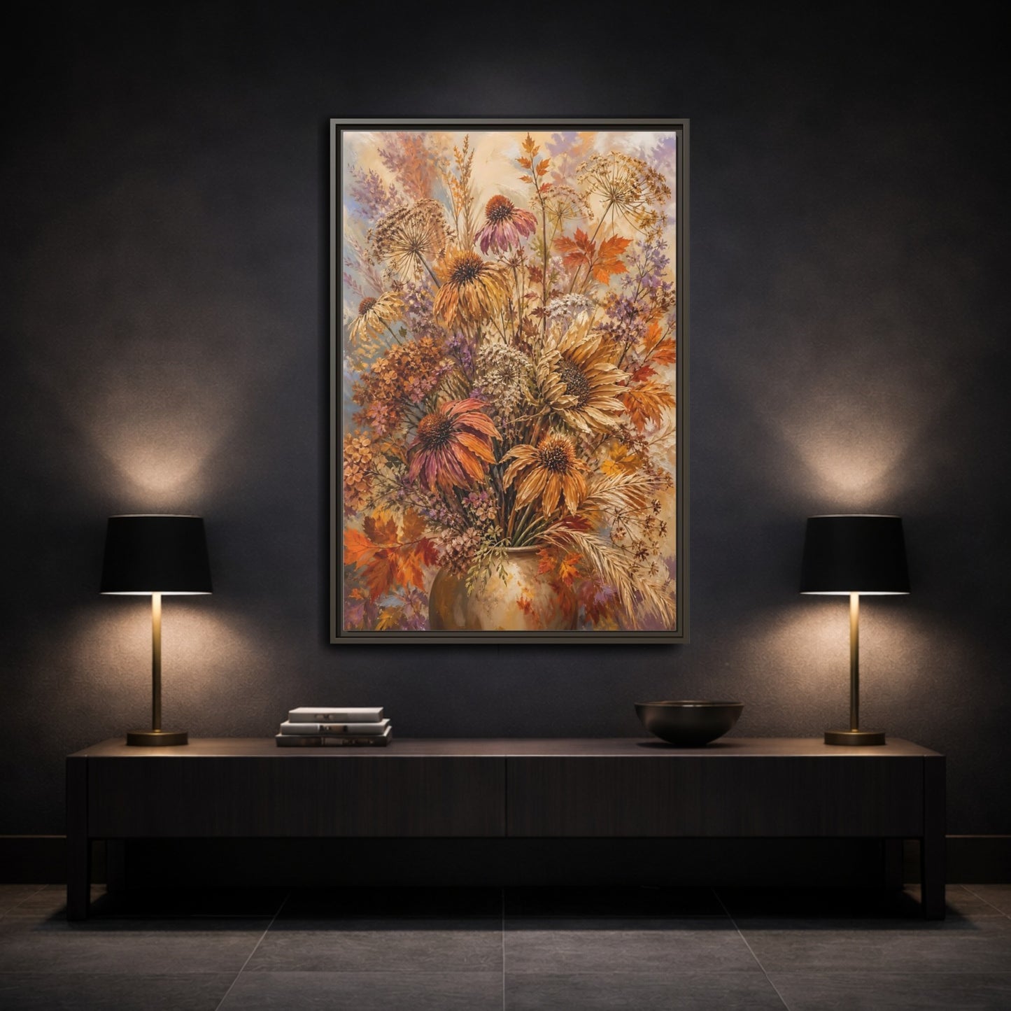 Mockup 3. Autumn Dried Flower Bouquet shown as framed canvas print