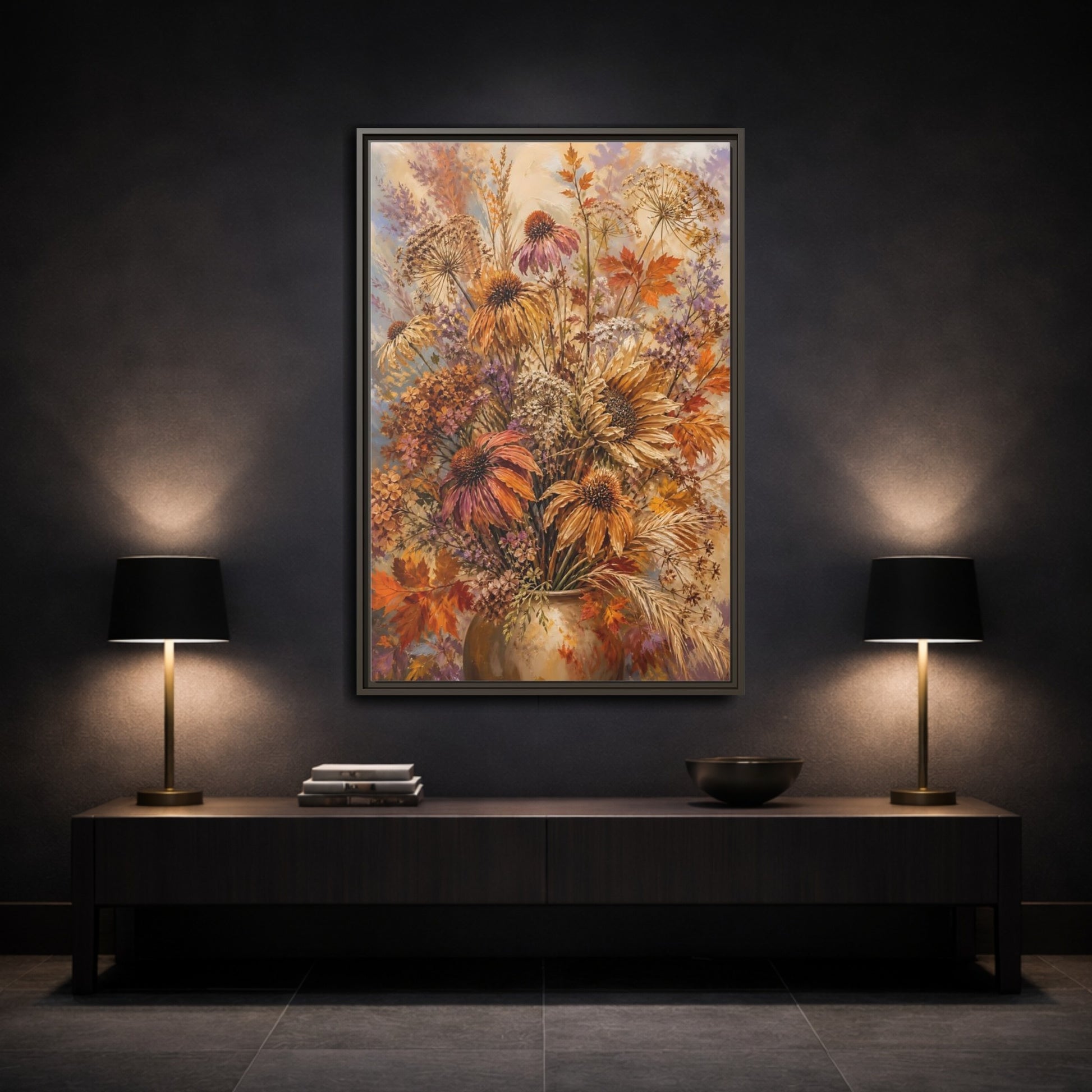 Mockup 3. Autumn Dried Flower Bouquet shown as framed canvas print