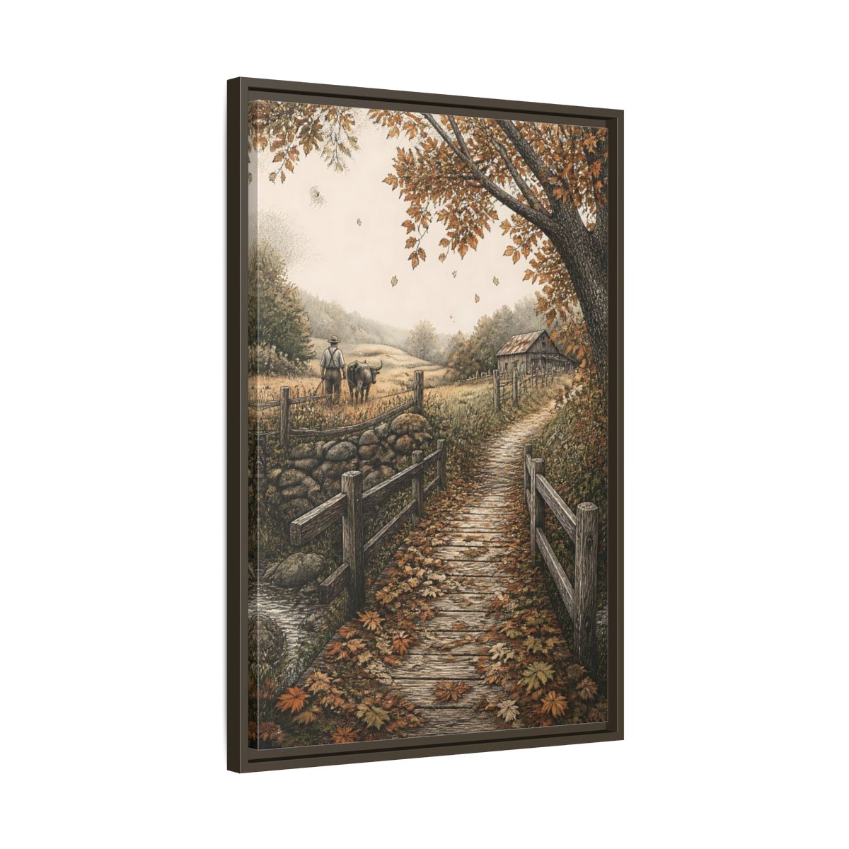 Side Mockup 11. Autumn Farm Path shown as framed canvas print