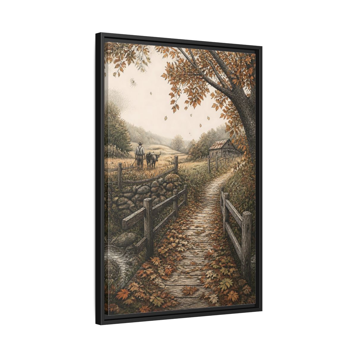 Side Mockup 14. Autumn Farm Path shown as framed canvas print