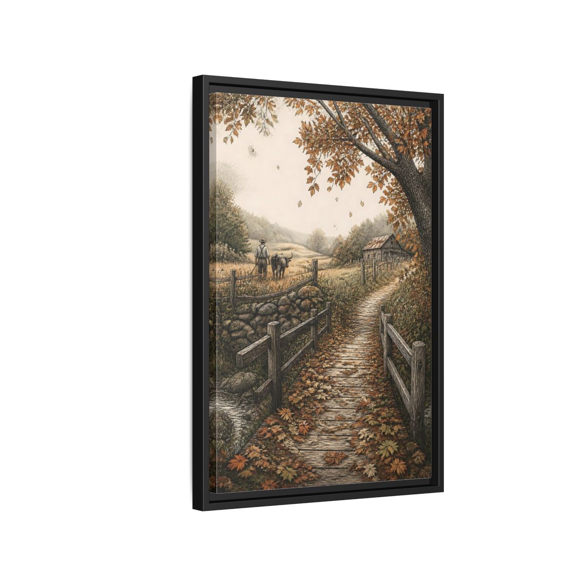Side Mockup 3. Autumn Farm Path shown as framed canvas print