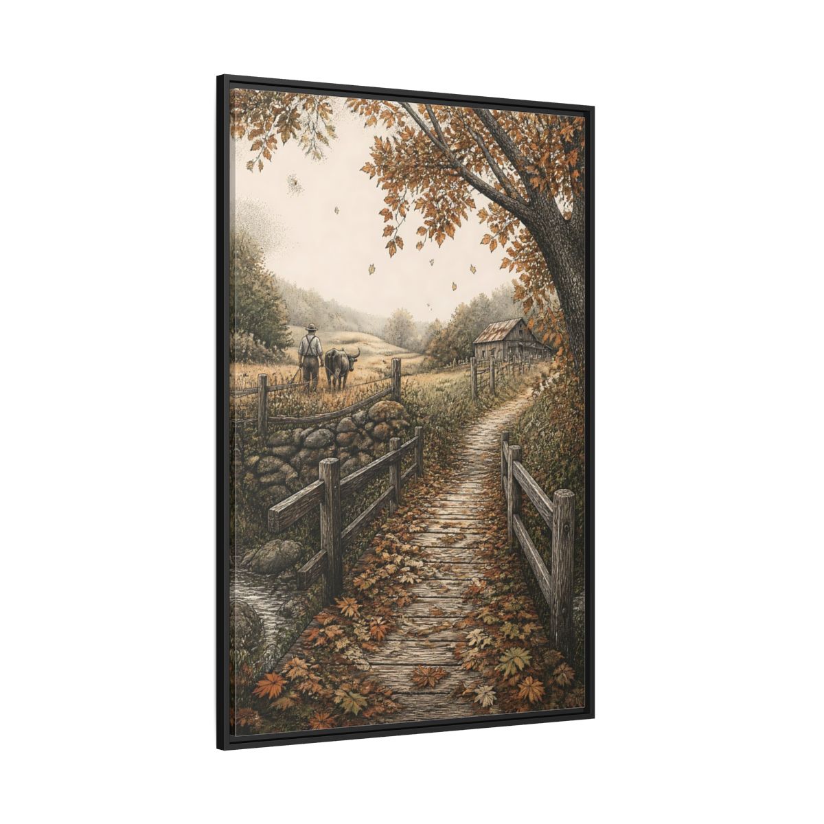 Side Mockup 12. Autumn Farm Path shown as framed canvas print