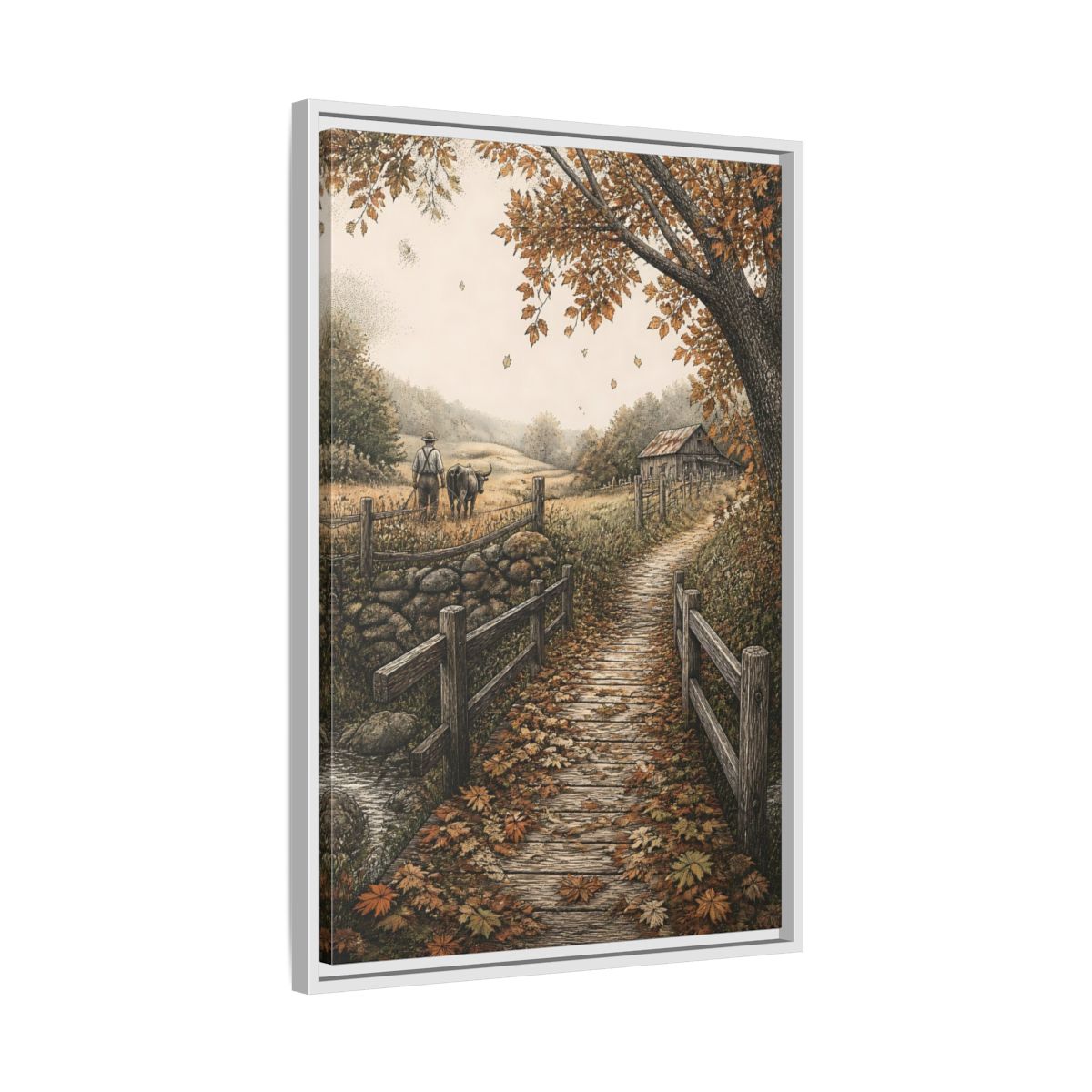 Side Mockup 10. Autumn Farm Path shown as framed canvas print