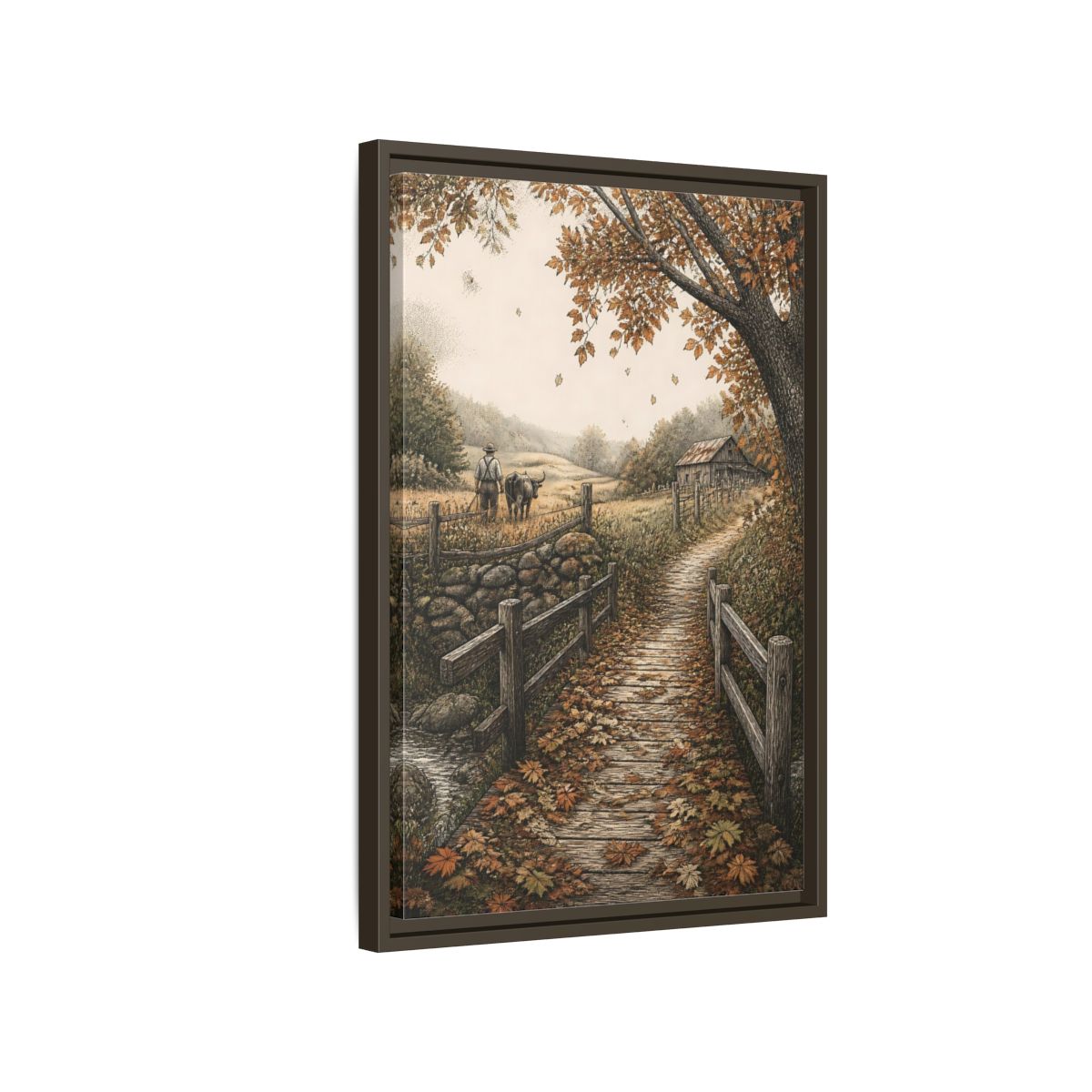 Side Mockup 2. Autumn Farm Path shown as framed canvas print