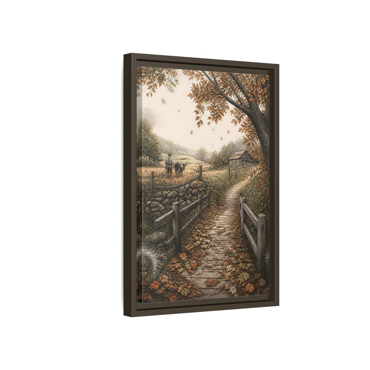 Side Mockup 5. Autumn Farm Path shown as framed canvas print