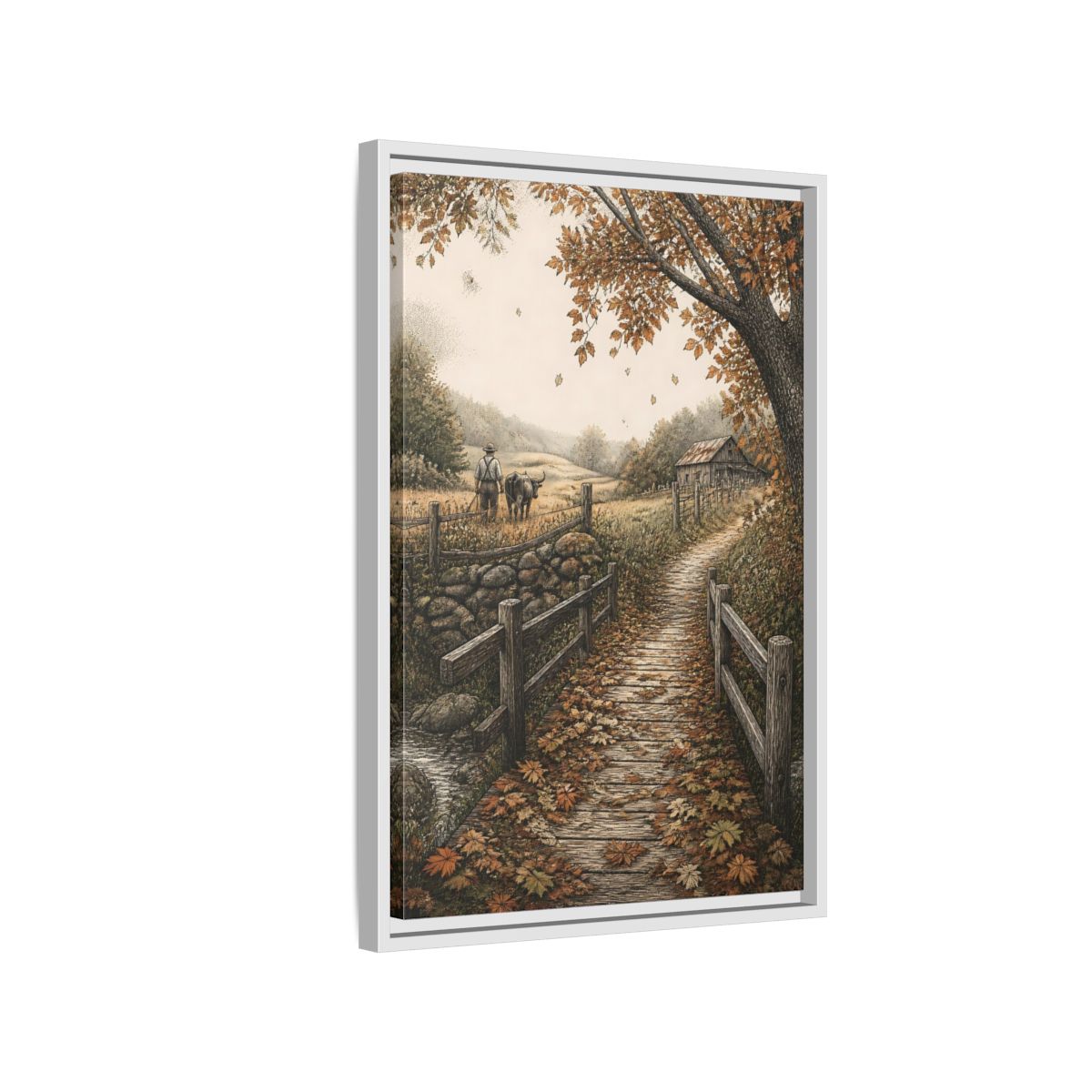 Side Mockup 1. Autumn Farm Path shown as framed canvas print