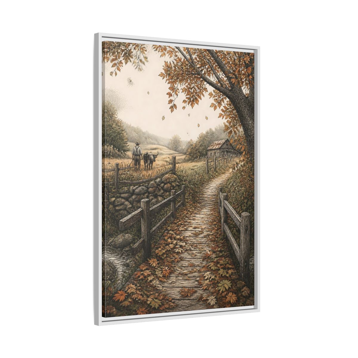 Side Mockup 9. Autumn Farm Path shown as framed canvas print