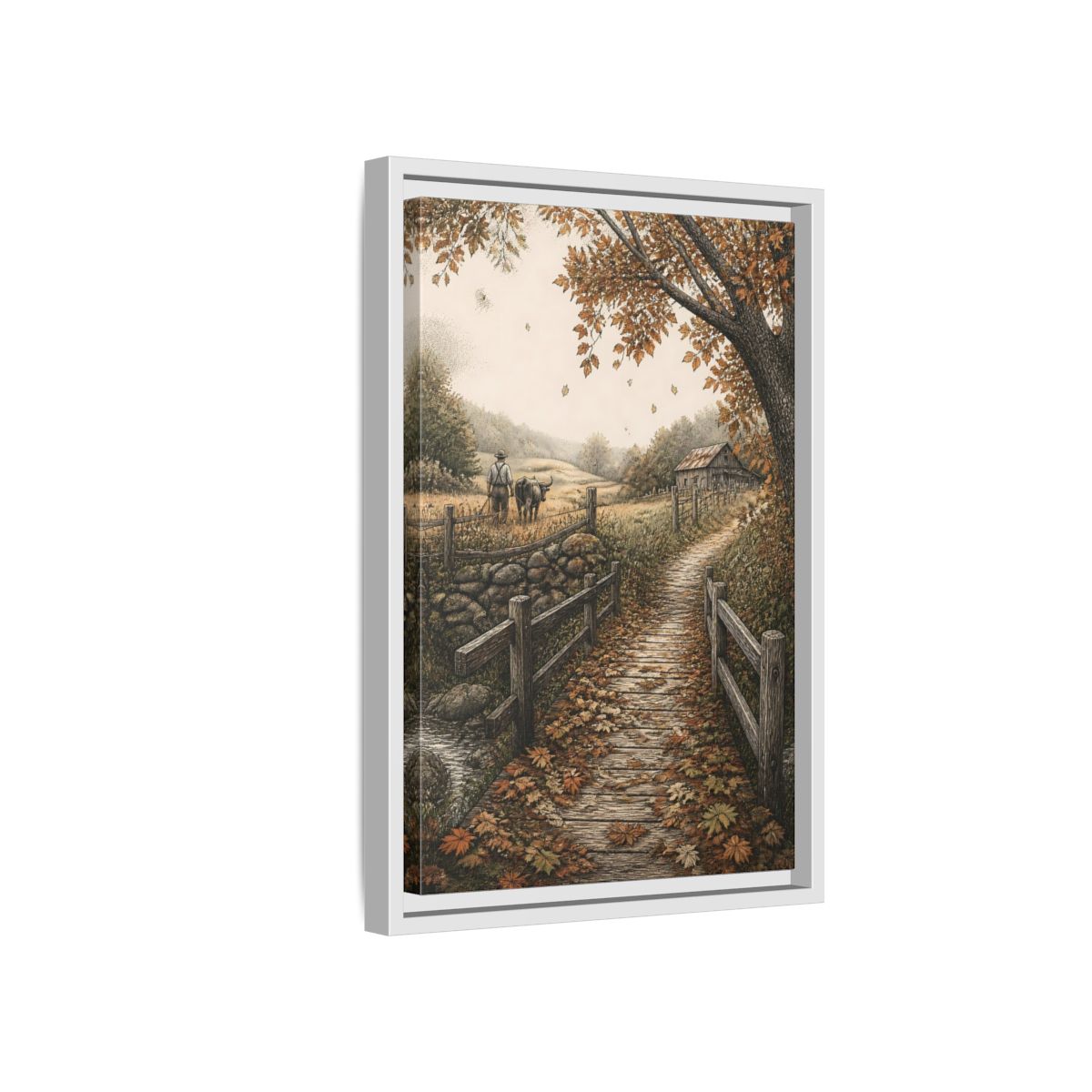 Side Mockup 4. Autumn Farm Path shown as framed canvas print