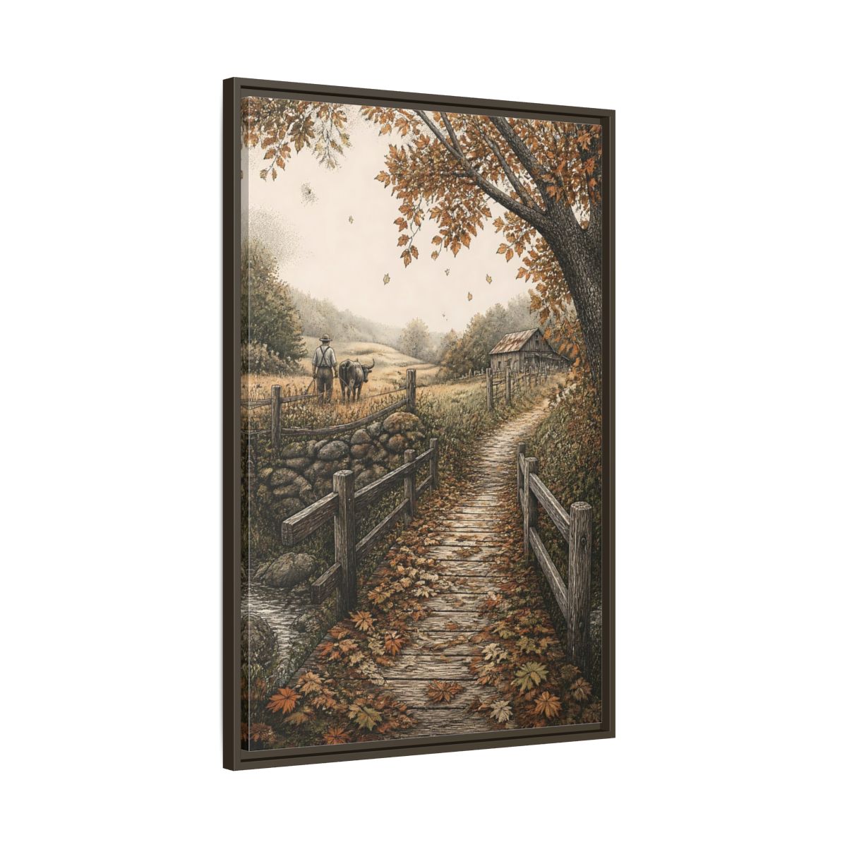 Main Mockup. Autumn Farm Path shown as framed canvas print