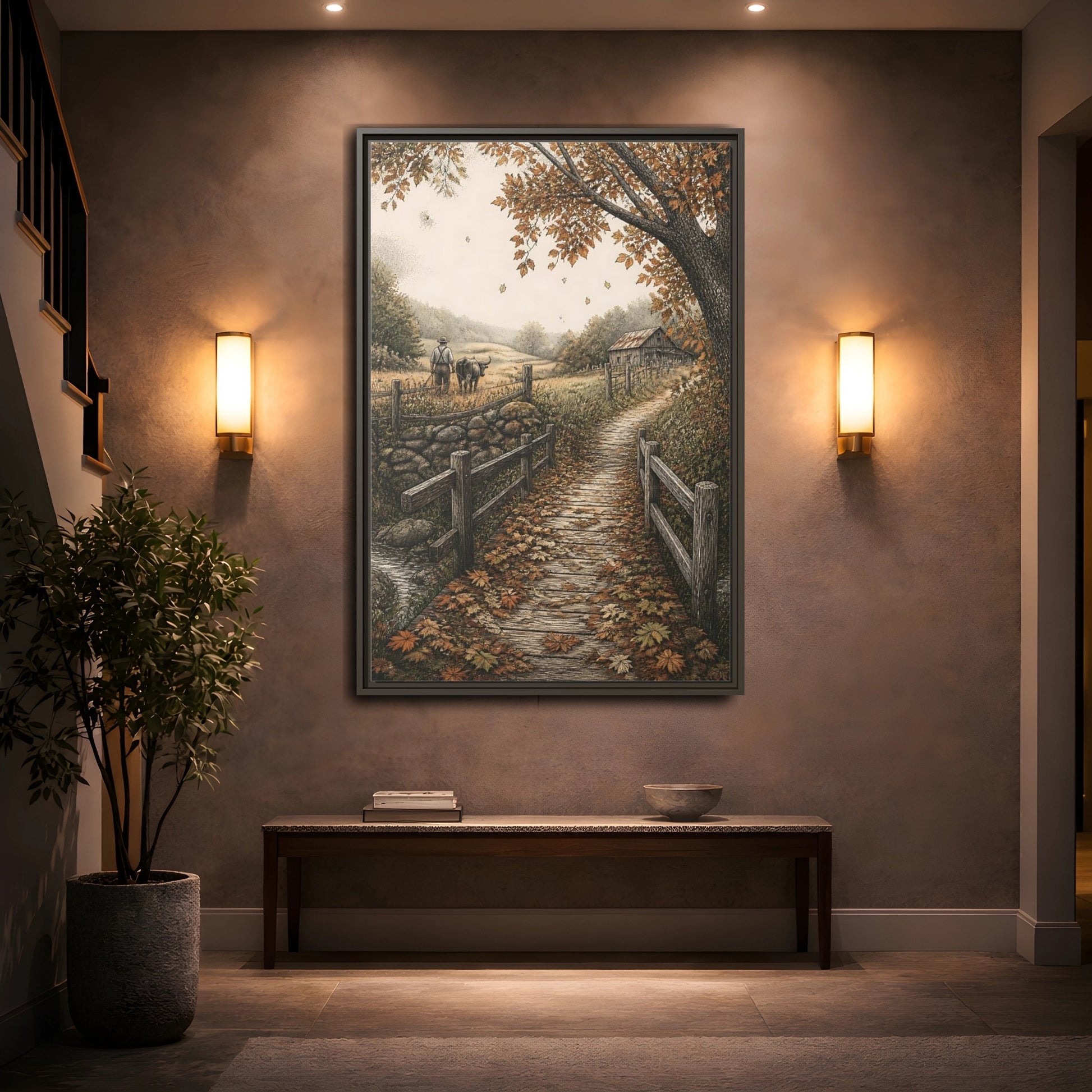 Mockup 2. Autumn Farm Path shown as framed canvas print
