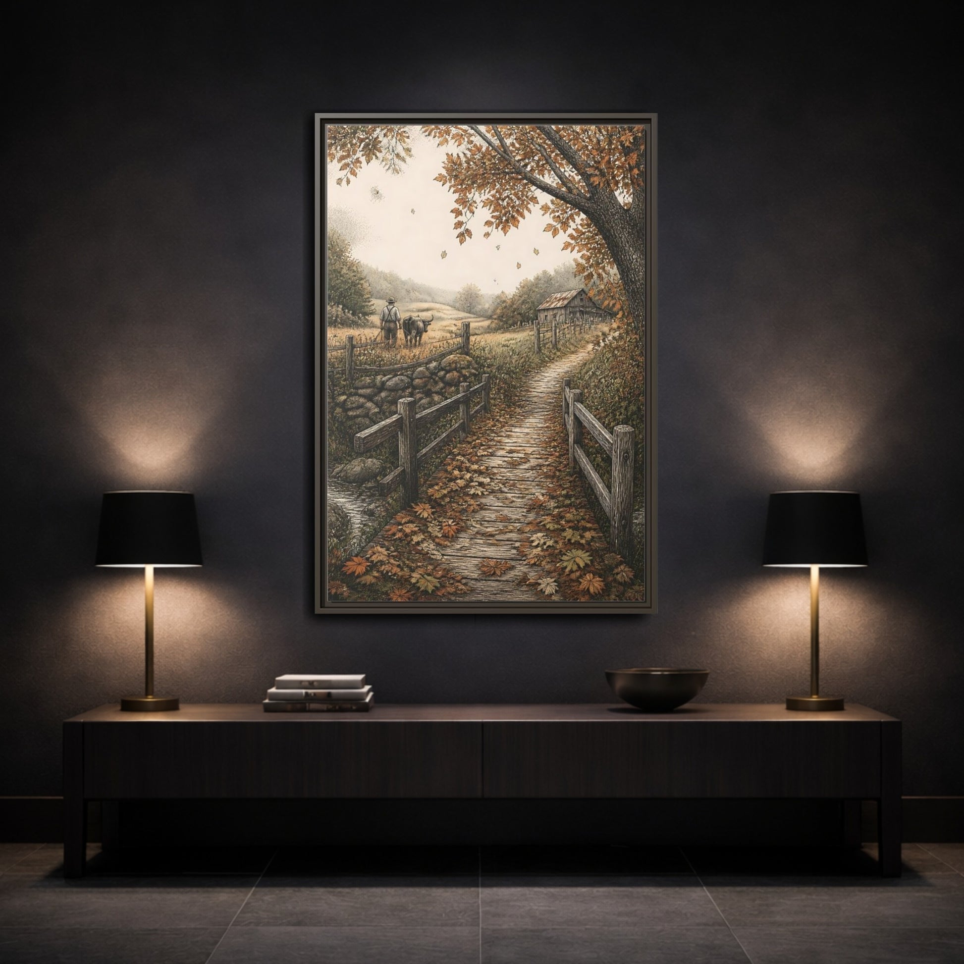 Mockup 3. Autumn Farm Path shown as framed canvas print