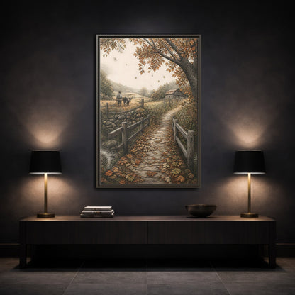 Mockup 3. Autumn Farm Path shown as framed canvas print