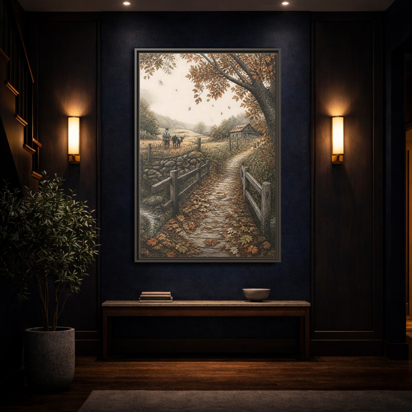 Mockup 4. Autumn Farm Path shown as framed canvas print