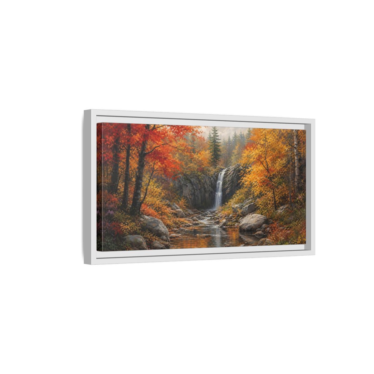 Side Mockup 6. Autumn Forest Waterfall shown as framed canvas print