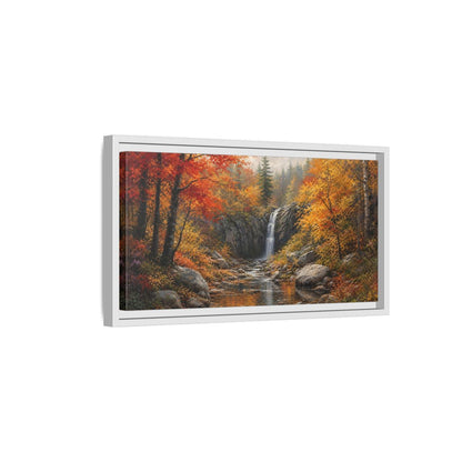 Side Mockup 6. Autumn Forest Waterfall shown as framed canvas print