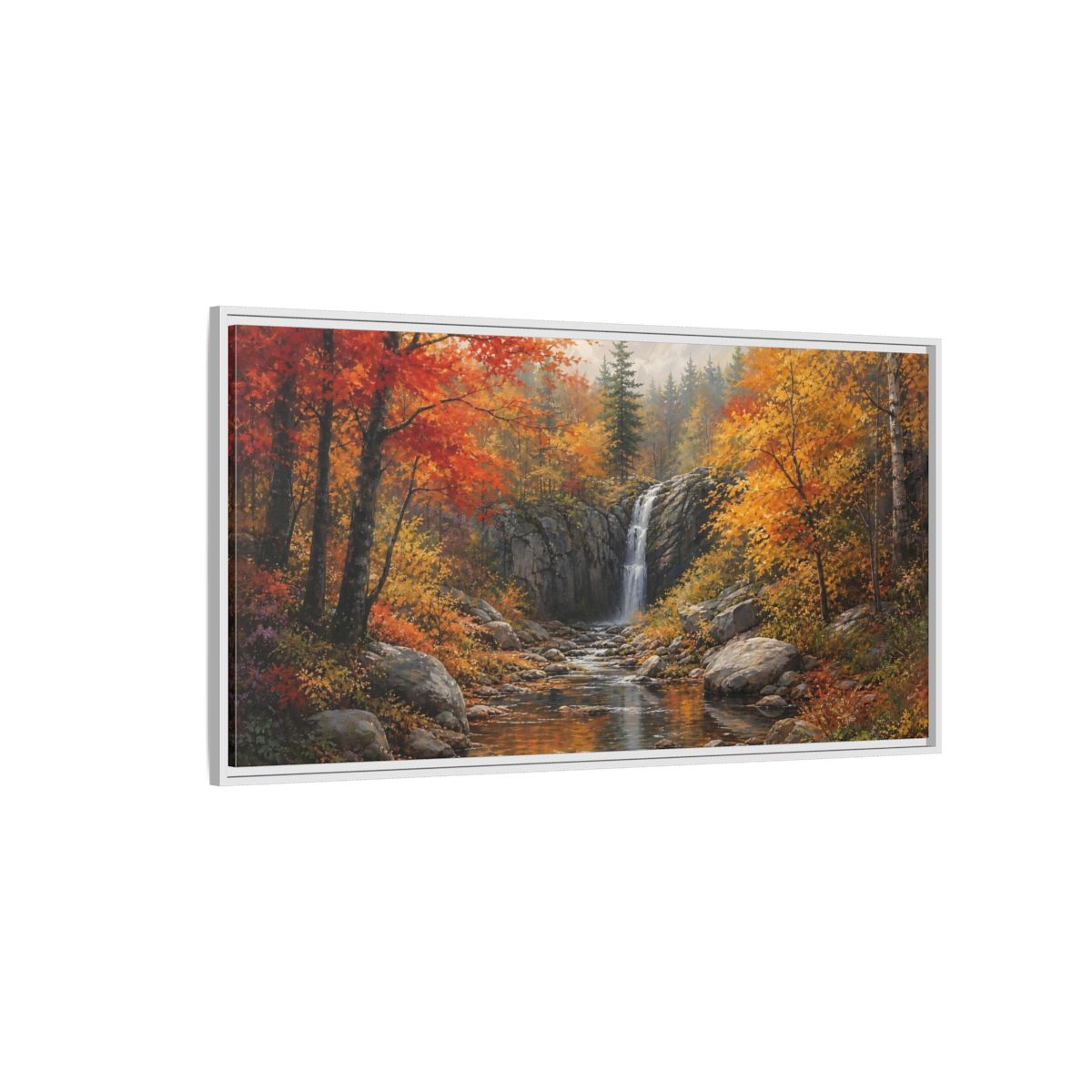 Side Mockup 3. Autumn Forest Waterfall shown as framed canvas print