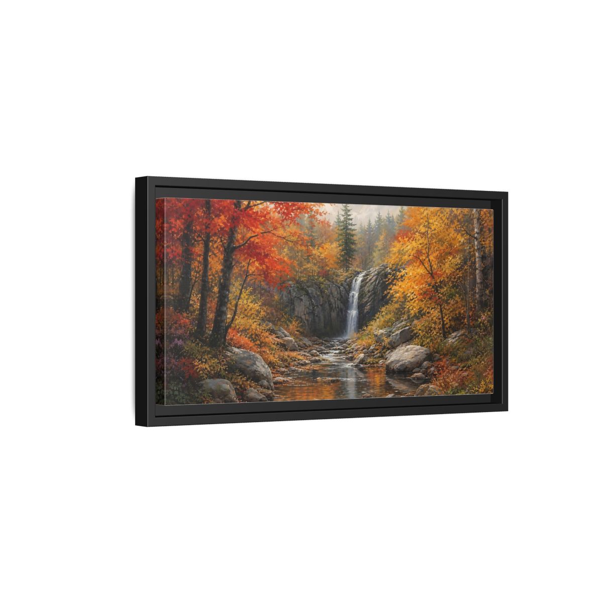 Side Mockup 8. Autumn Forest Waterfall shown as framed canvas print