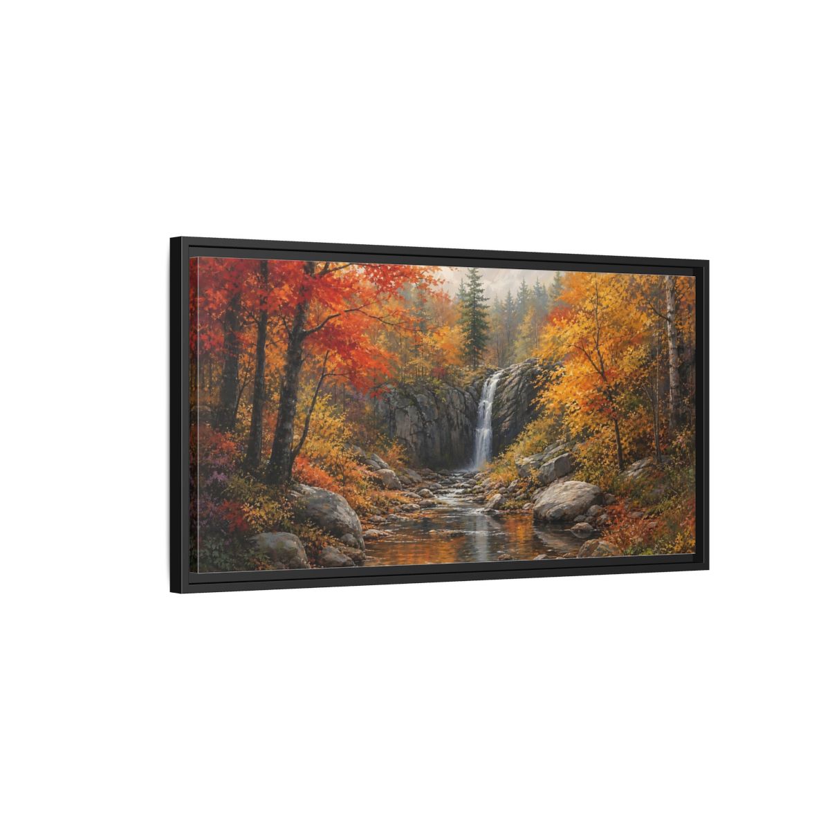 Side Mockup 2. Autumn Forest Waterfall shown as framed canvas print