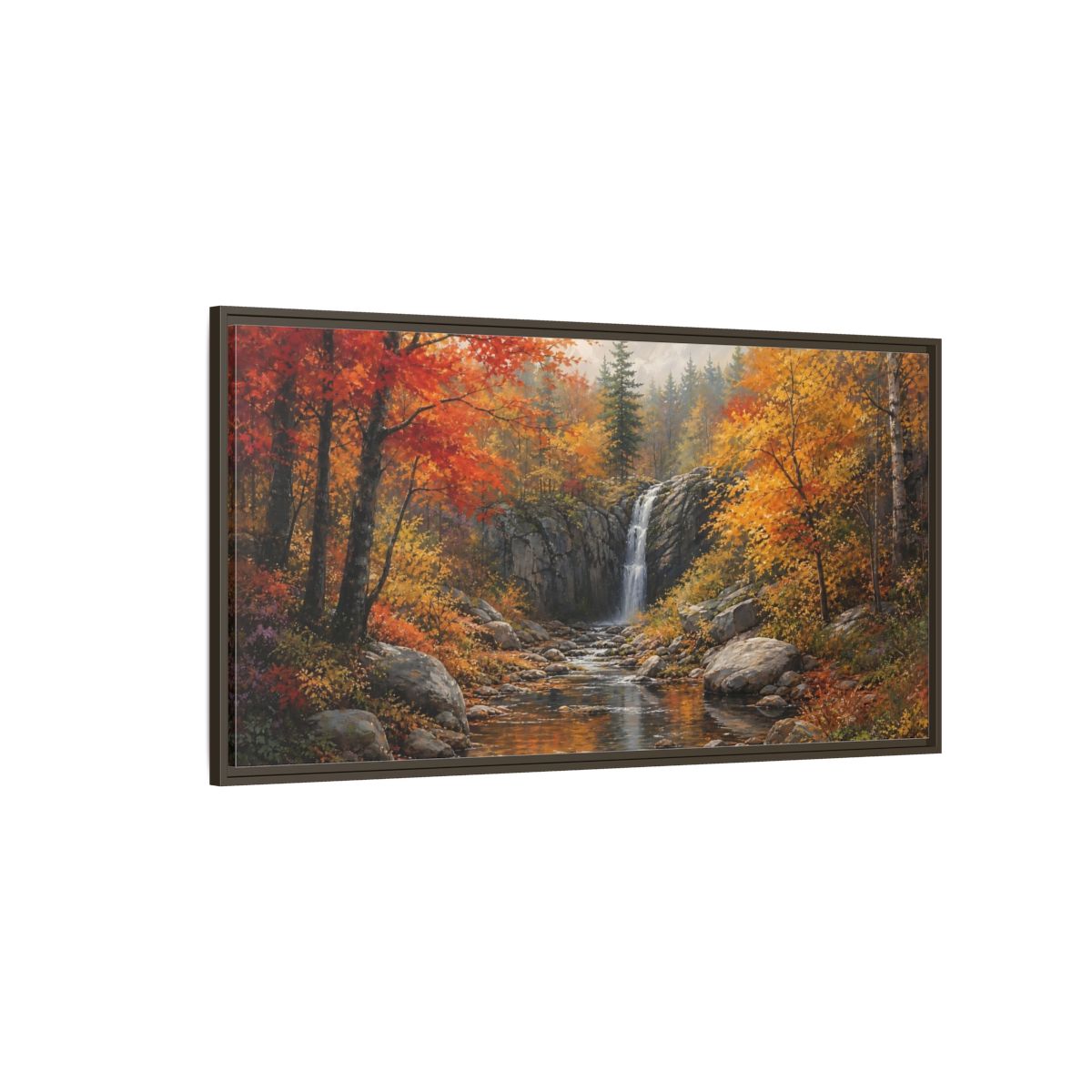 Side Mockup 4. Autumn Forest Waterfall shown as framed canvas print
