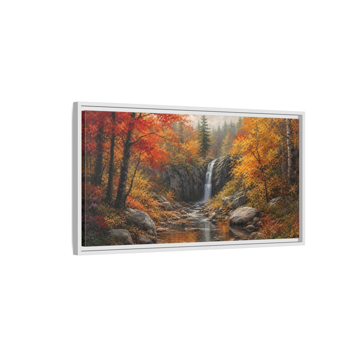 Side Mockup 1. Autumn Forest Waterfall shown as framed canvas print
