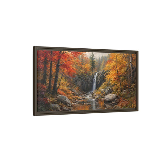 Main Mockup. Autumn Forest Waterfall shown as framed canvas print