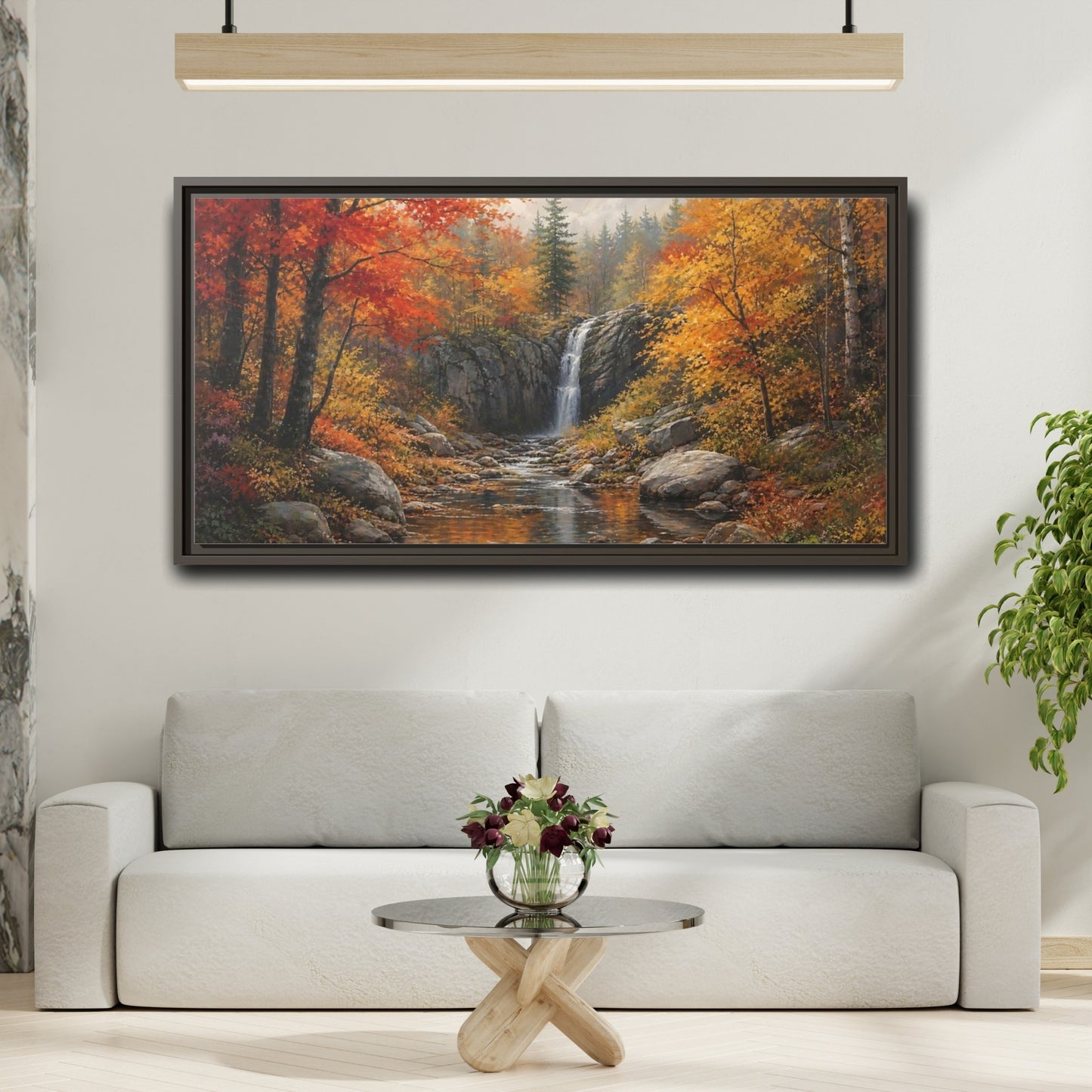 Mockup 2. Autumn Forest Waterfall shown as framed canvas print