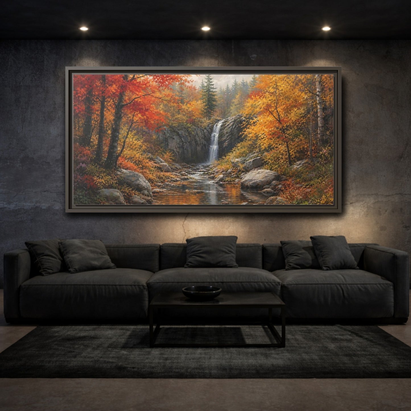 Mockup 3. Autumn Forest Waterfall shown as framed canvas print