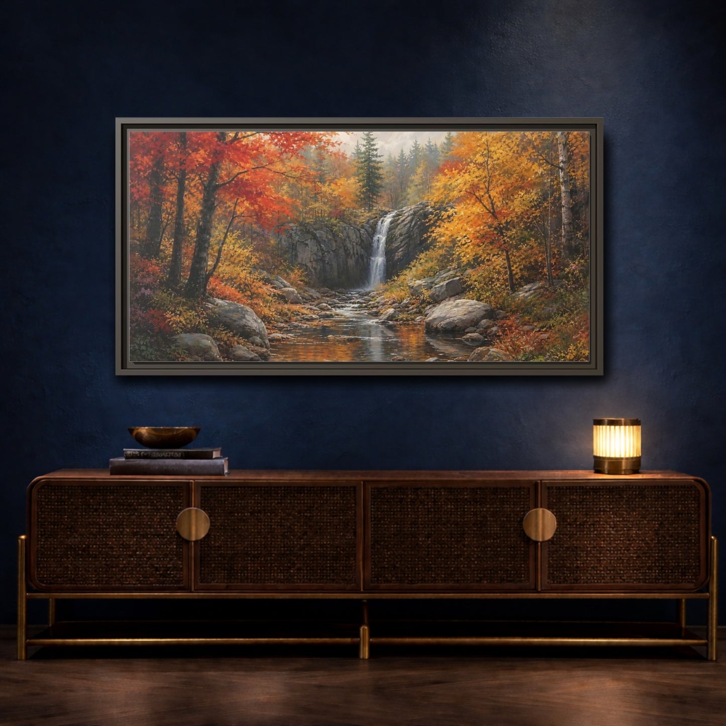 Mockup 4. Autumn Forest Waterfall shown as framed canvas print