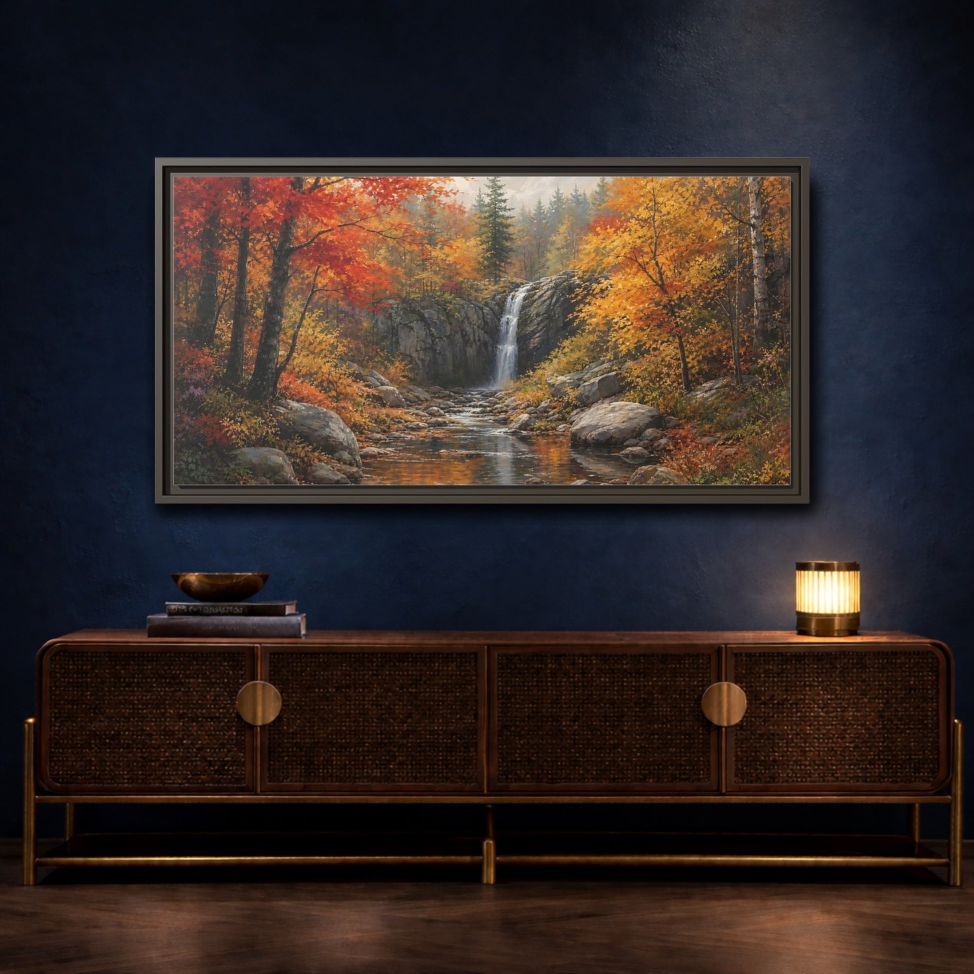 Mockup 4. Autumn Forest Waterfall shown as framed canvas print