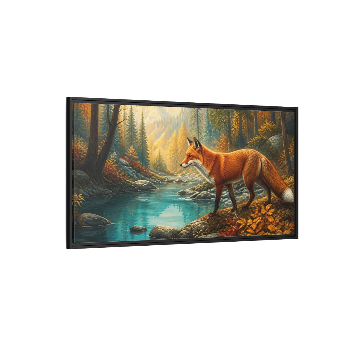 Side Mockup 5. Autumn Fox By Blue Pond shown as framed canvas print