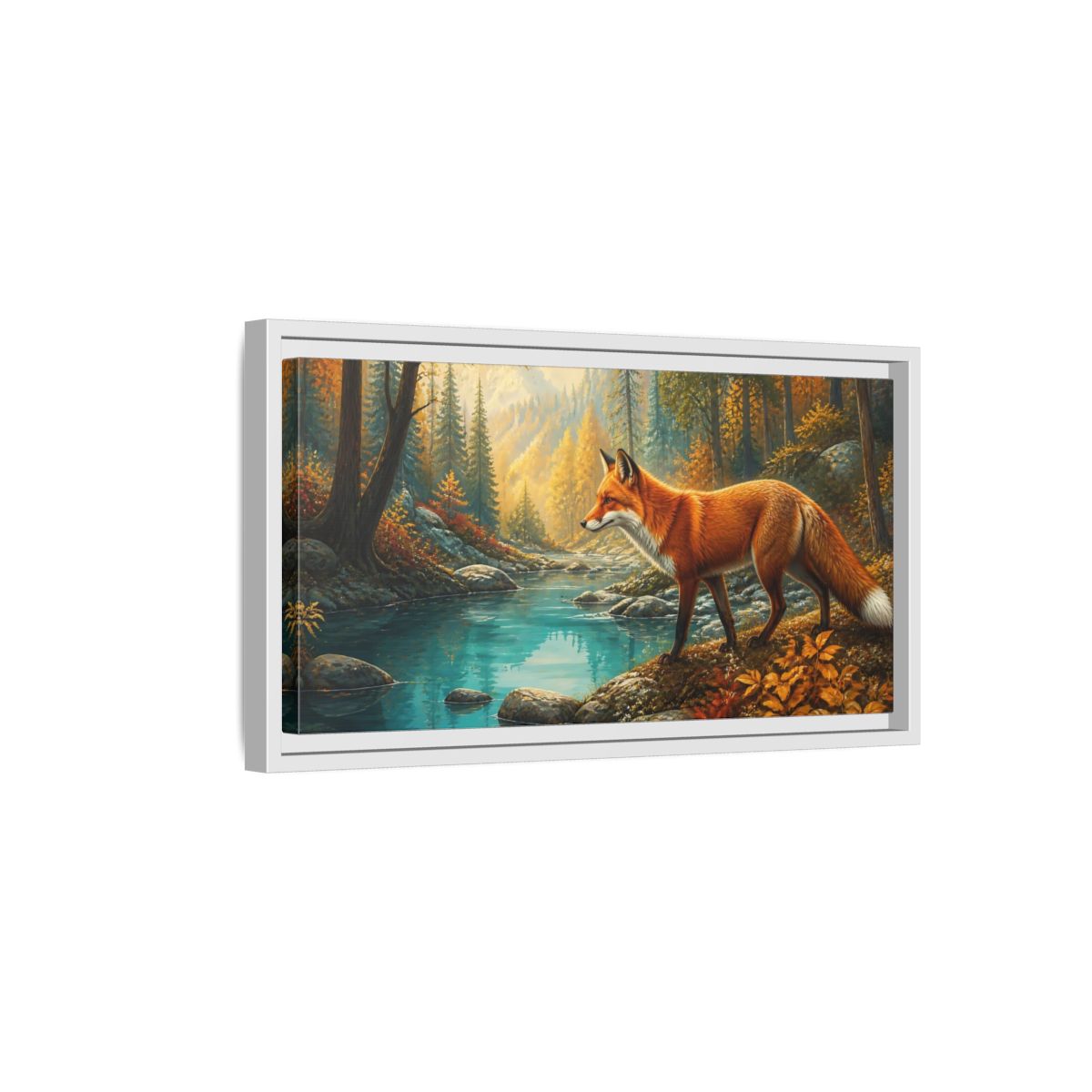 Side Mockup 6. Autumn Fox By Blue Pond shown as framed canvas print