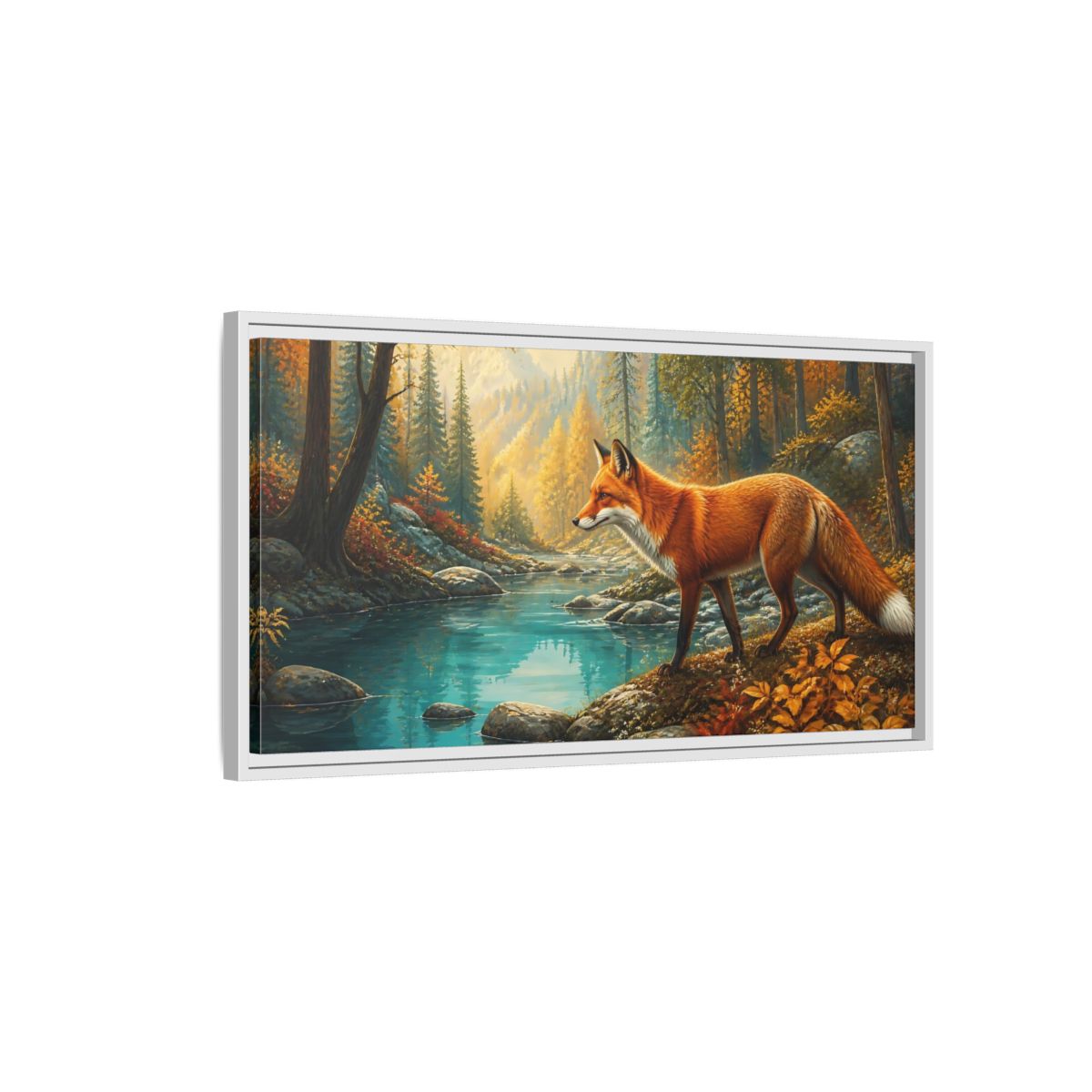 Side Mockup 1. Autumn Fox By Blue Pond shown as framed canvas print