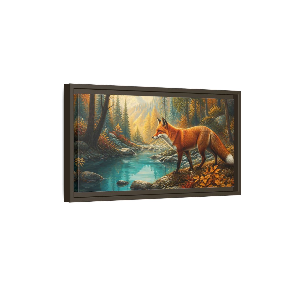 Side Mockup 7. Autumn Fox By Blue Pond shown as framed canvas print