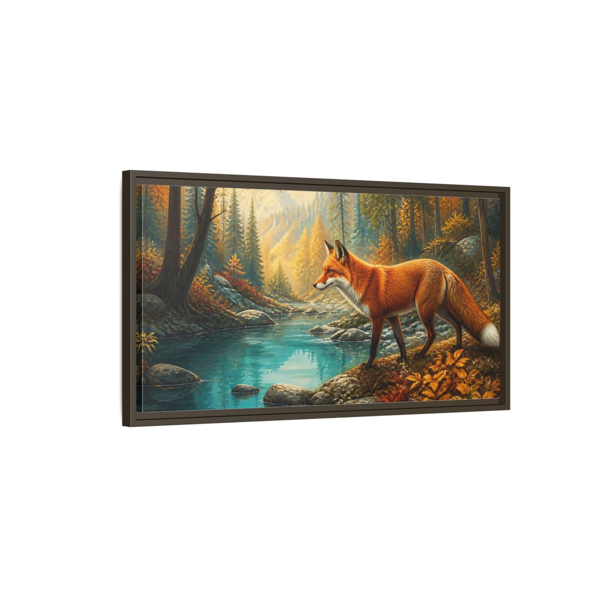 Main Mockup. Autumn Fox By Blue Pond shown as framed canvas print