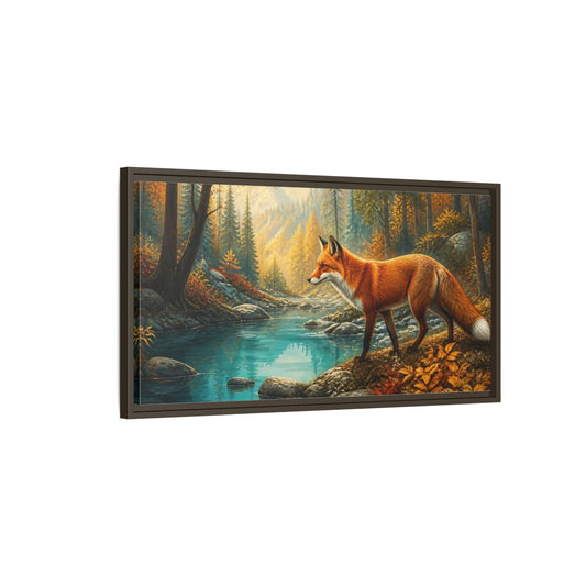 Main Mockup. Autumn Fox By Blue Pond shown as framed canvas print