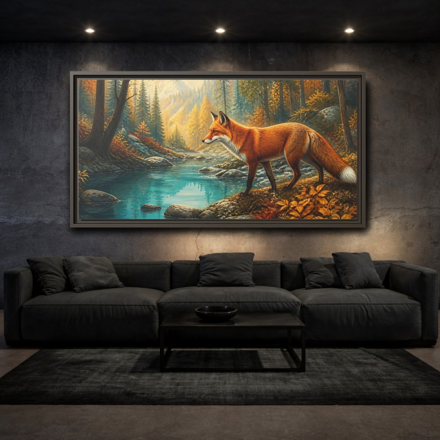 Mockup 3. Autumn Fox By Blue Pond shown as framed canvas print