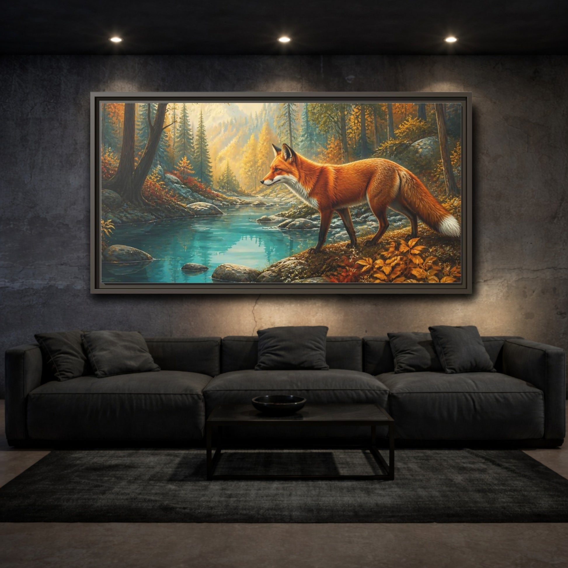 Mockup 3. Autumn Fox By Blue Pond shown as framed canvas print