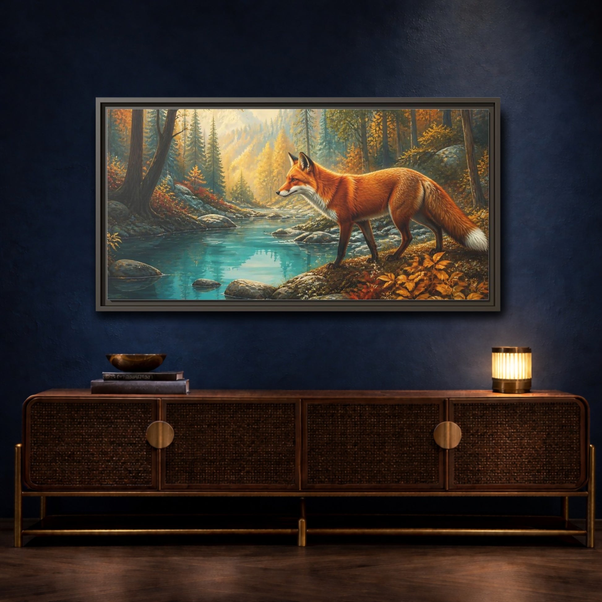 Mockup 4. Autumn Fox By Blue Pond shown as framed canvas print