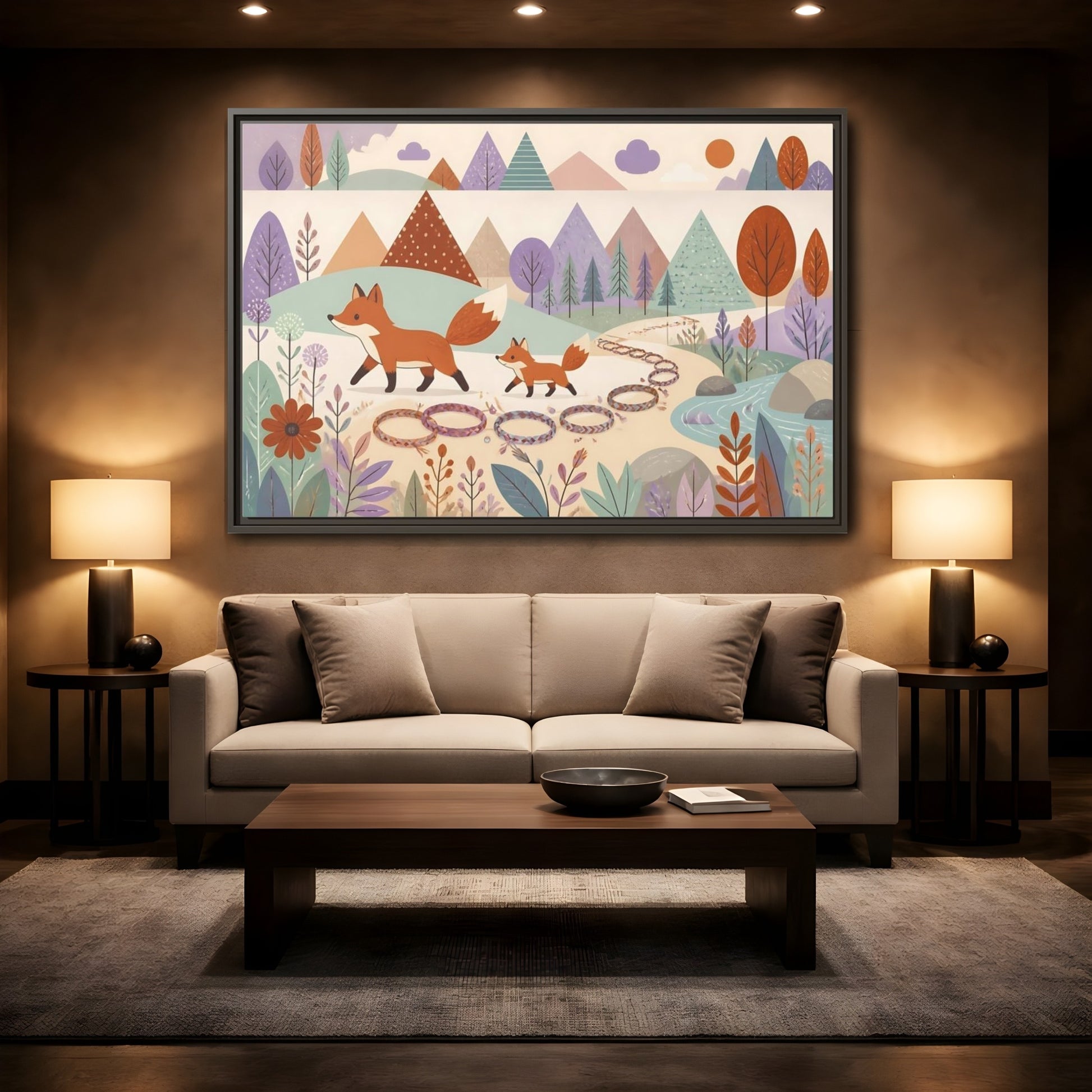 Mockup 2. Autumn Fox Walk shown as framed canvas print