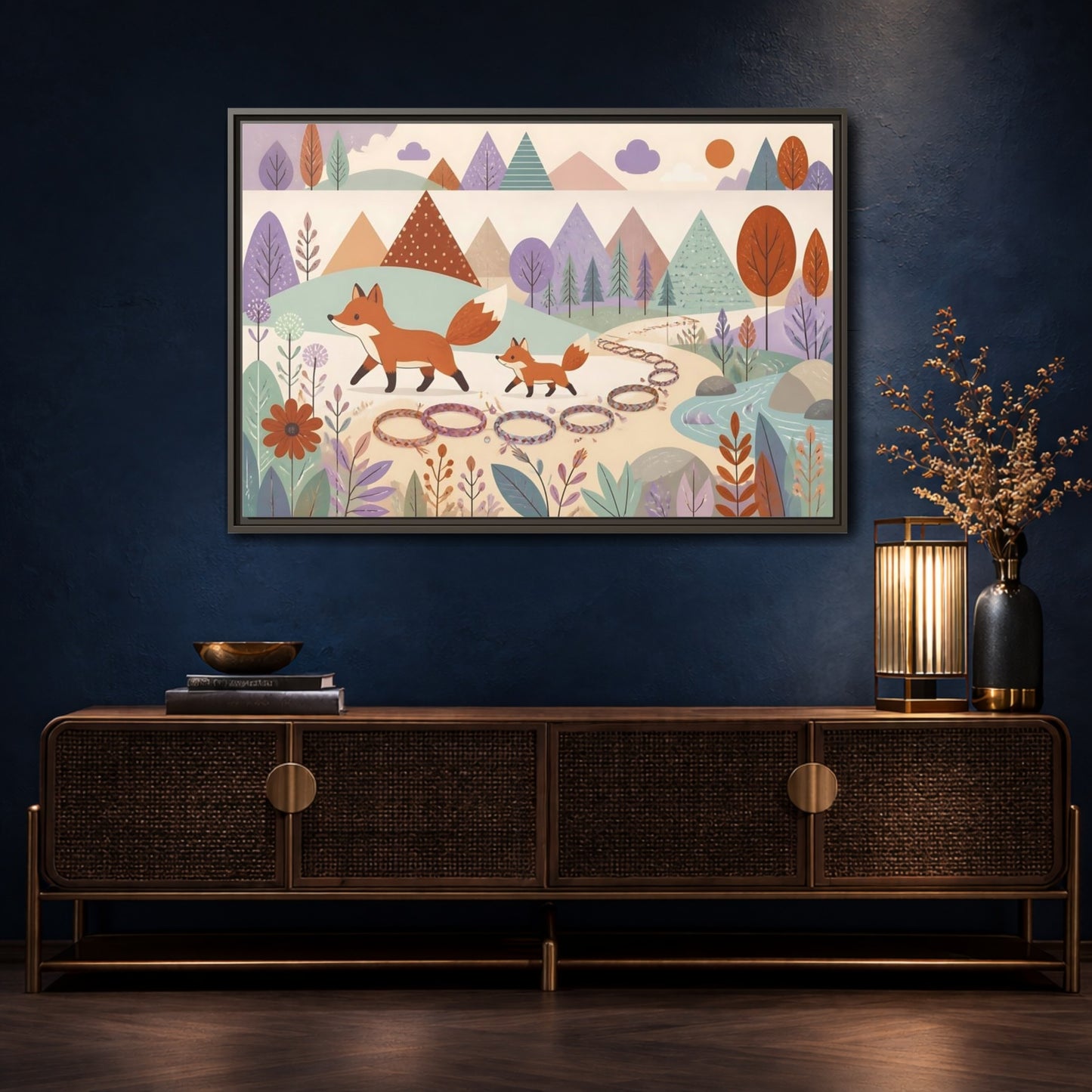 Mockup 4. Autumn Fox Walk shown as framed canvas print