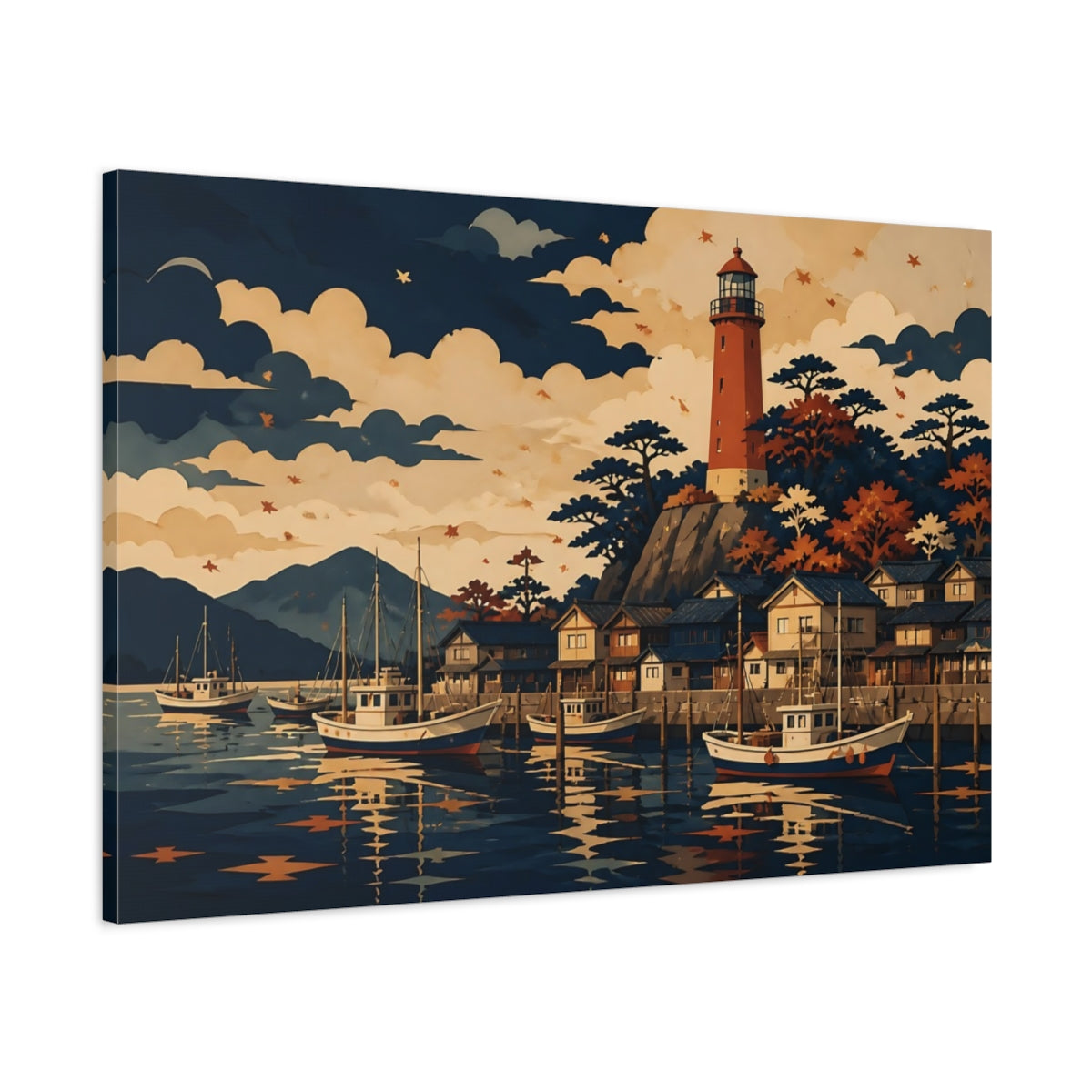 Main Mockup. Autumn Harbor Lighthouse shown as canvas print