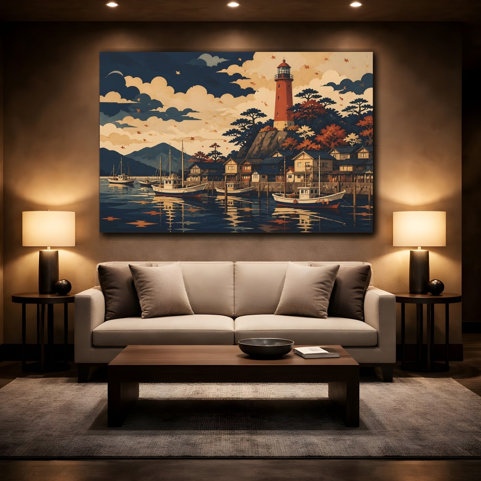 Mockup 2. Autumn Harbor Lighthouse shown as canvas print
