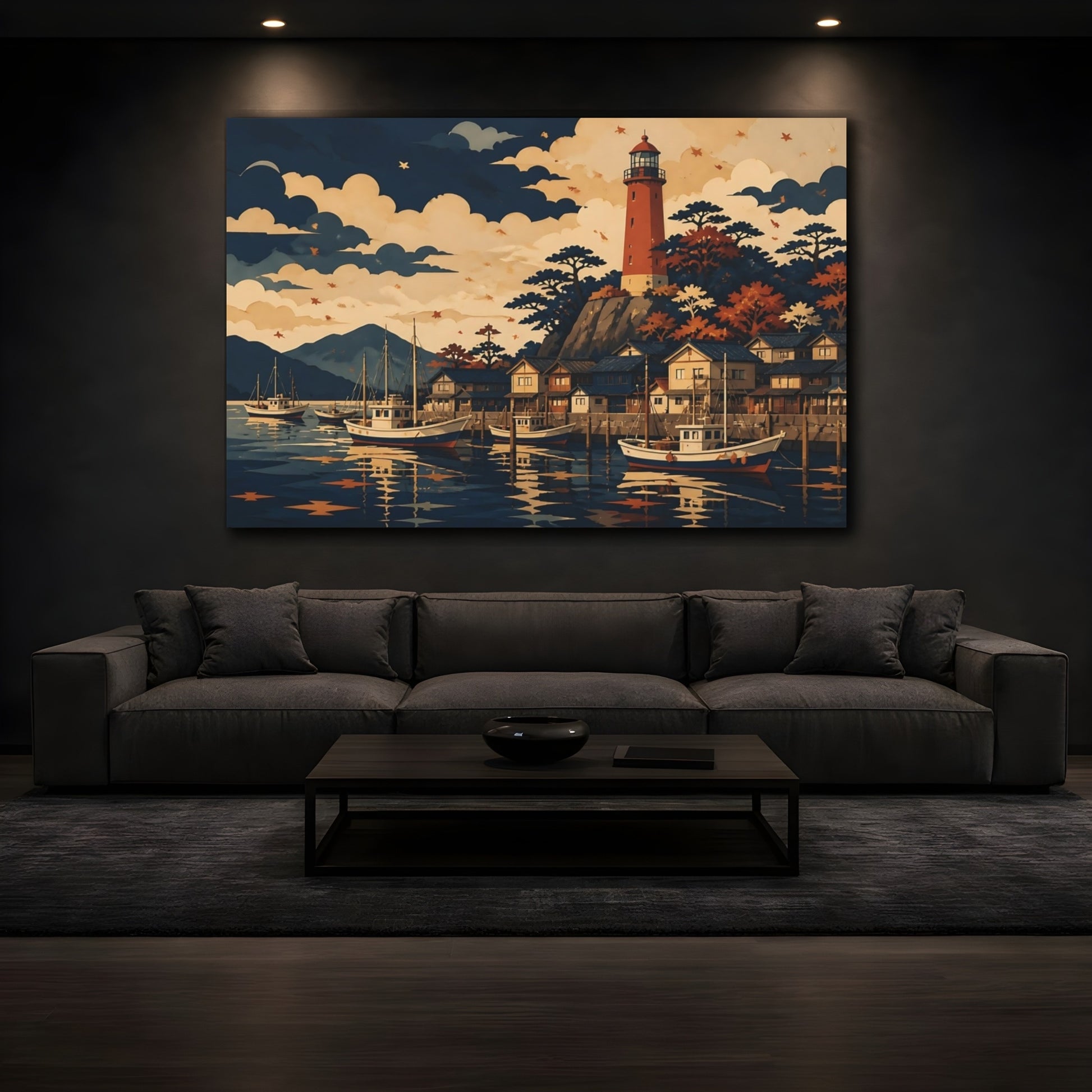 Mockup 3. Autumn Harbor Lighthouse shown as canvas print