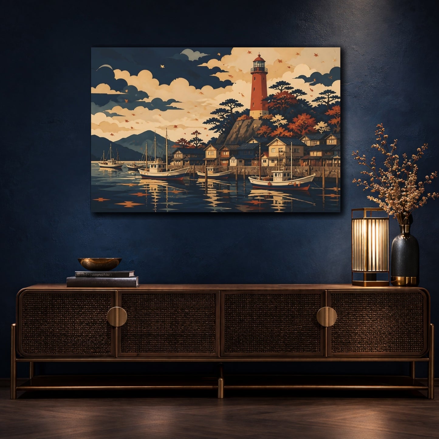 Mockup 4. Autumn Harbor Lighthouse shown as canvas print